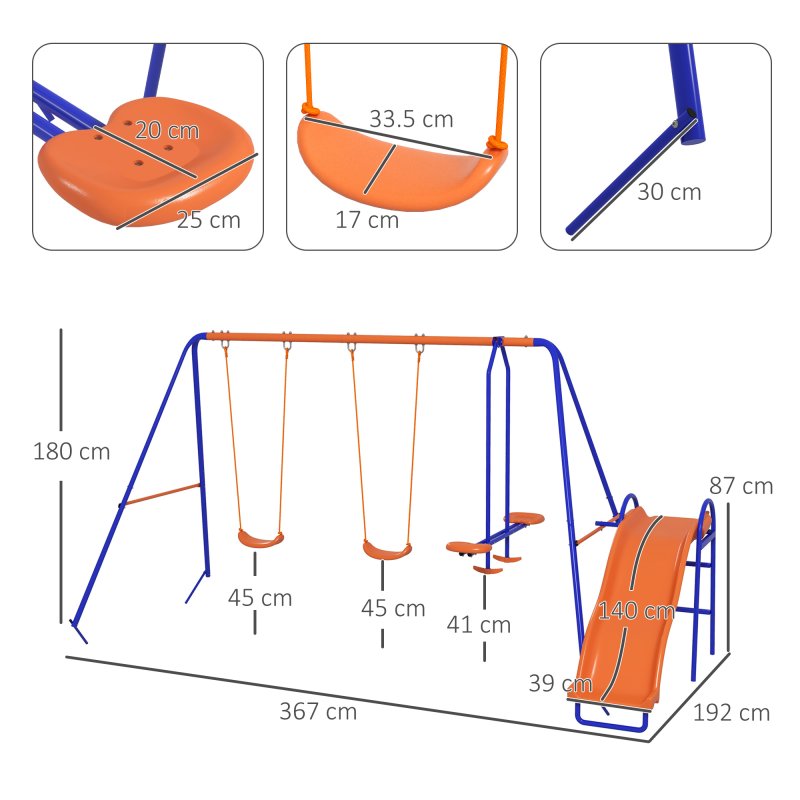 Outsunny 4 in 1 Garden Swing Set, Metal Kids Swing Set w/ Double Swings, Glider, Slide, Ladder, for Outdoor Play - Multicoloured