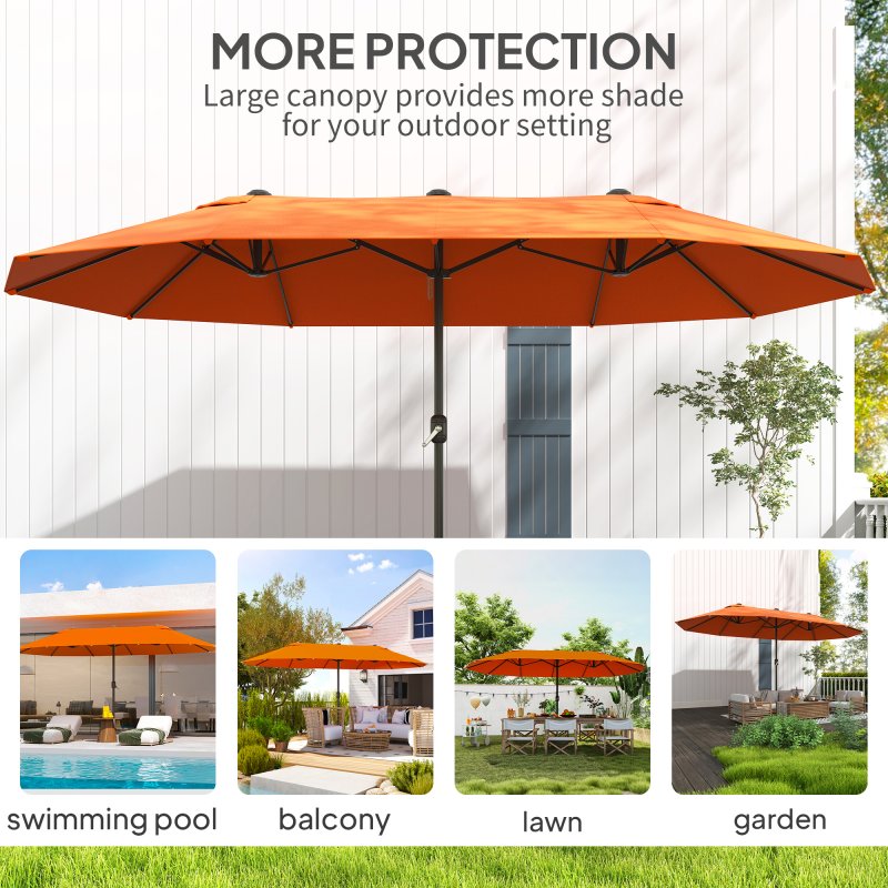 Outsunny 4.6m Large Garden Parasol Double-Sided Sun Umbrella Patio Market Canopy Shade Outdoor Orange - NO BASE