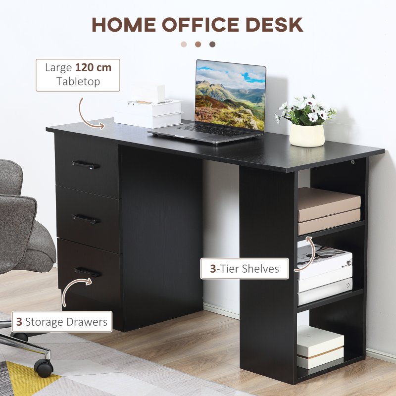 HOMCOM Computer Desk, Writing Table, PC Workstation with 3 Storage Shelves and Drawers, Black Handle, for Home Office