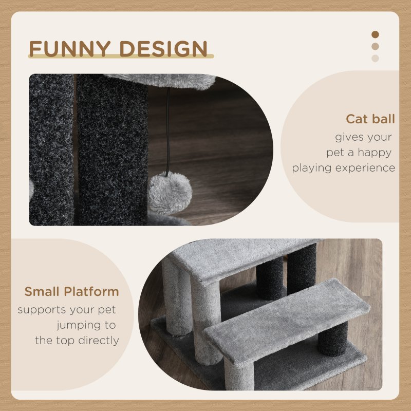PawHut Pet Stairs, Cat Tree Climb Ladder with 3-step Stair, Scratching Posts, Platforms, Toy Ball, for Indoor Cats, Grey