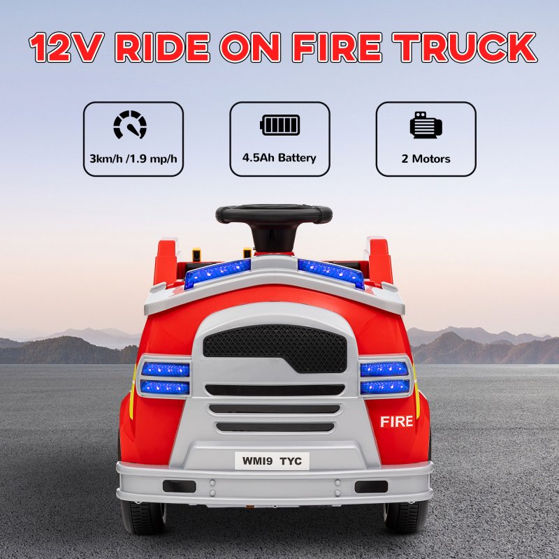 AIYAPLAY Ride on Fire Truck, 12V Kids Electric Car with Sirens, Flashing Lights, Firefighting Tools, Music, Horn, Slow Start, Gift for Boys and Girls, Red
