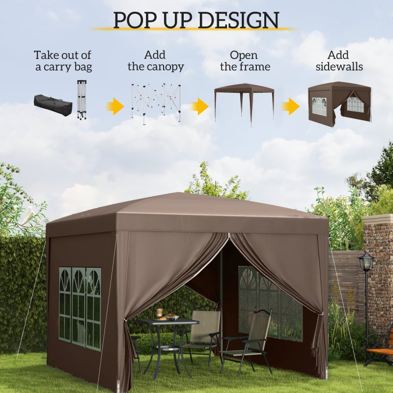 Outsunny 3 x 3 Meters Pop Up Water Resistant Gazebo Wedding Camping Party Tent Canopy Marquee with Carry Bag and 2 Windows, Coffee