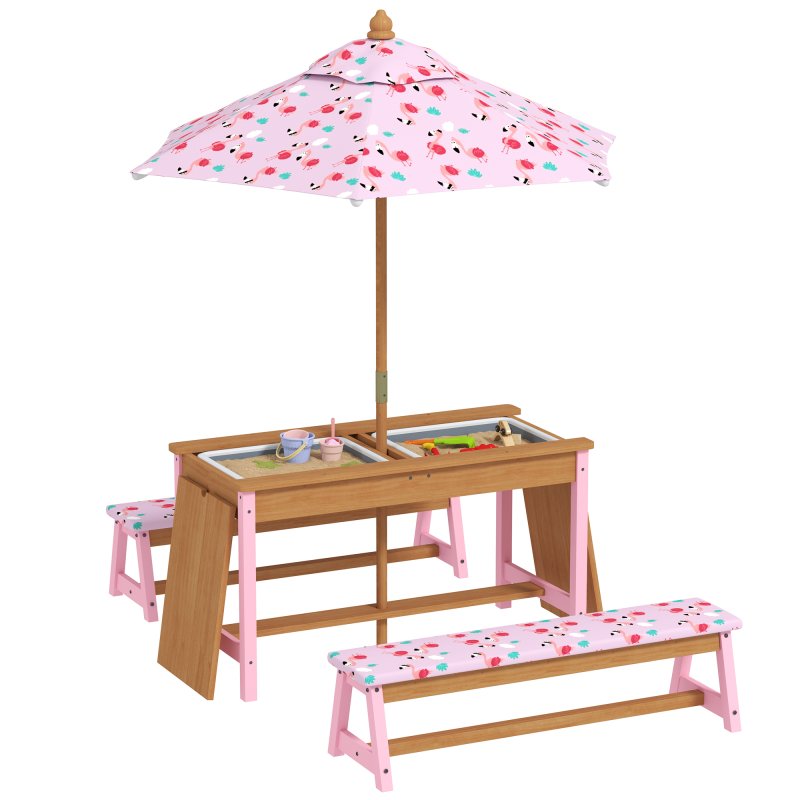 AIYAPLAY Kids Picnic Table, Wooden Children Garden Table and Bench Set with Removable & Foldable Umbrella, Cushions, Storage Boxes, Flamingo Theme Outdoor Furniture for Boys Girls, Pink
