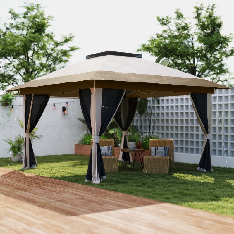 Outsunny 3.6 x 3.6m Pop Up Gazebo with Mesh Sides, UPF50+ Height Adjustable Party Tent Instant Event Shelter with Wheeled Carry Bag and Sand Bags for Garden, Patio, Beige