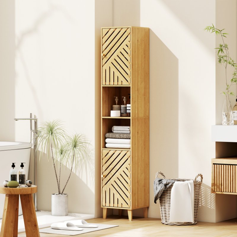 HOMCOM Tall Bathroom Cabinet with Bamboo Doors and Legs, Slim Bathroom Storage Cabinet, Freestanding Storage Cupboard with Open Compartments, Adjustable Shelves, 32 x 30 x 170 cm, Natural Wood Finish