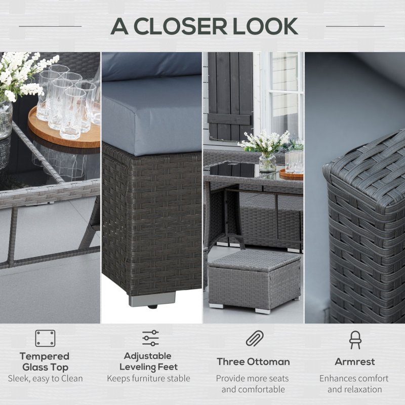 Outsunny 10 Pieces Outdoor PE Rattan Sofa Set with 10cm Thick Cushions, Garden Sectional Corner Sofa Set with Glass Top Dining Table and Three Footstools, Grey