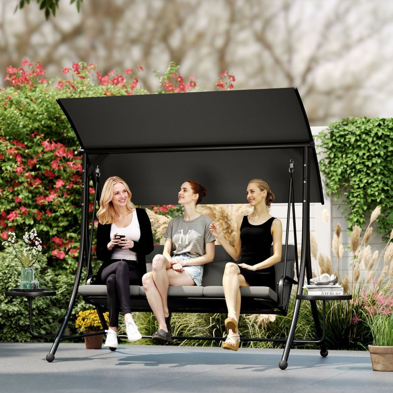 Outsunny 3 Seater Garden Swing Seat Swing Chair with Adjustable Canopy, Removable Cushion and Coffee Tables for Outdoor Patio Garden Dark Grey