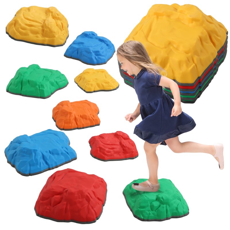 AIYAPLAY Balance Stepping Stones for Kids, 9-Piece River Stones with Non-Slip Bottom, Indoor Outdoor Sensory Obstacle Course for Ages 3-8 Years, Multicoloured