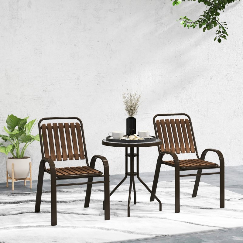 Outsunny 3 Pieces Patio Bistro Set, Garden Furniture Set with Stackable Chairs, Tempered Glass Table, Rust Resistant for Outdoor, Balcony, Patio, Garden, Dark Brown