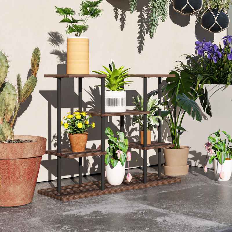 Outsunny 4 Tiered Plant Stand, Metal Planter Shelf Display Rack for Multiple Plants, Flower Pot Holder for Living Room, Patio, Balcony, Garden, Carbonised Finish