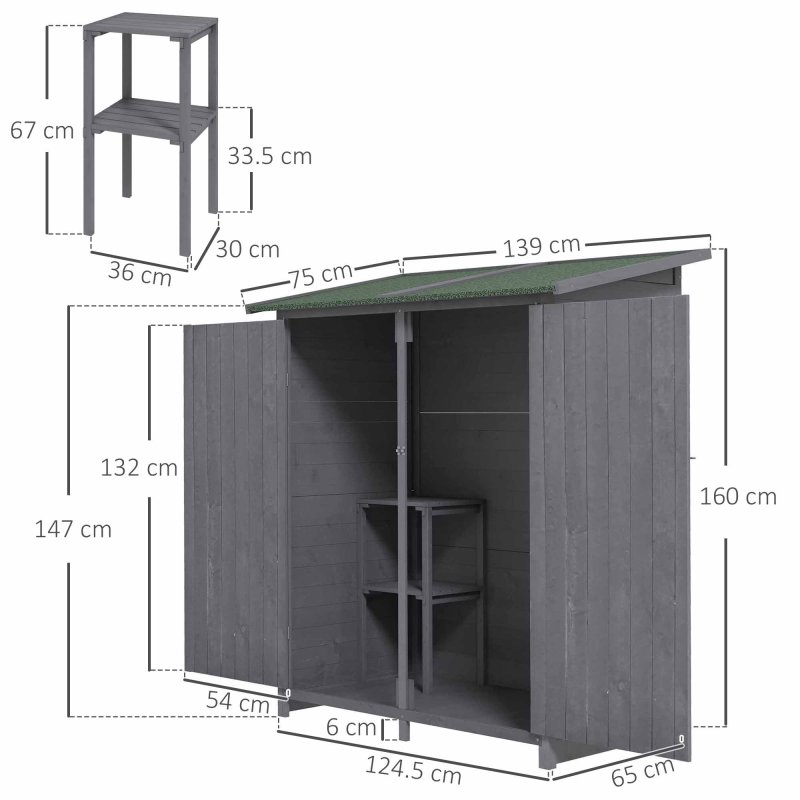 Outsunny Small Shed, Wooden Garden Shed with Flexible Table, Hooks and Ground Nails, Lockable Tool Shed with Asphalt Roof, 140 x 75 x 157cm, Grey