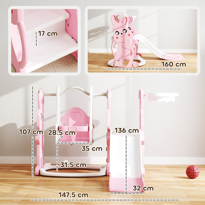 AIYAPLAY Toddler Slide and Swing Set 4 in 1 with Climber, Basketball Hoop, Kids Slide for Age 1.5-4, Children Activity Centre Playground for Indoor Outdoor Garden, Rabbit Themed, Pink