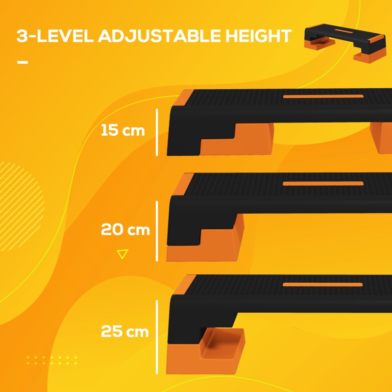 SPORTNOW Aerobic Step Platform, Exercise Stepper for Home Workout,, 15/20/25cm Height Adjustable, Non-Slip - Orange