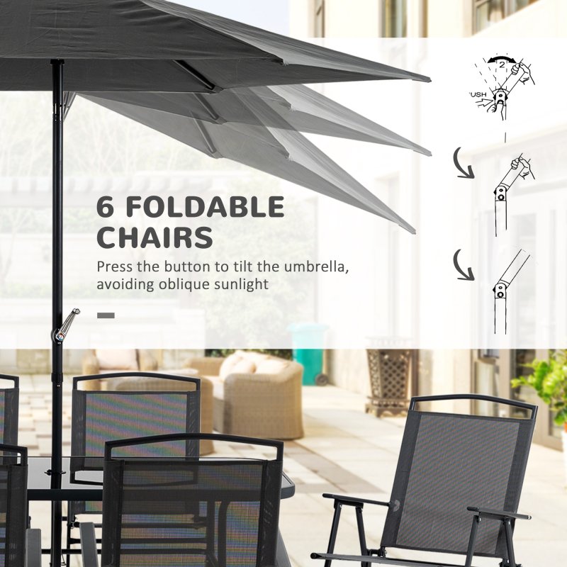 Outsunny 8 Pieces Metal Garden Furniture Set with Parasol and Folding Chairs, Garden Dining Set, 6 Seater Outdoor Table and Chairs with Tempered Glass Top, Black