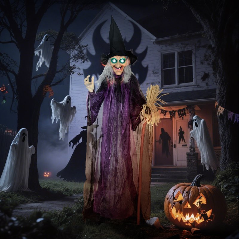Outsunny 183 cm Life Size Halloween Animated Standing Witch & Broomstick with Glowing LED Eyes, Spooky Witch Scary Halloween Decorations, Battery Operated, Indoor Party Props