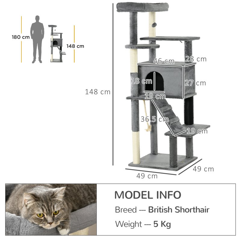 PawHut 148cm Cat Tree for Indoor Cats with Scratching Post, Cat Tower for Two Cats, with Cat House, Bed, Toy, Grey
