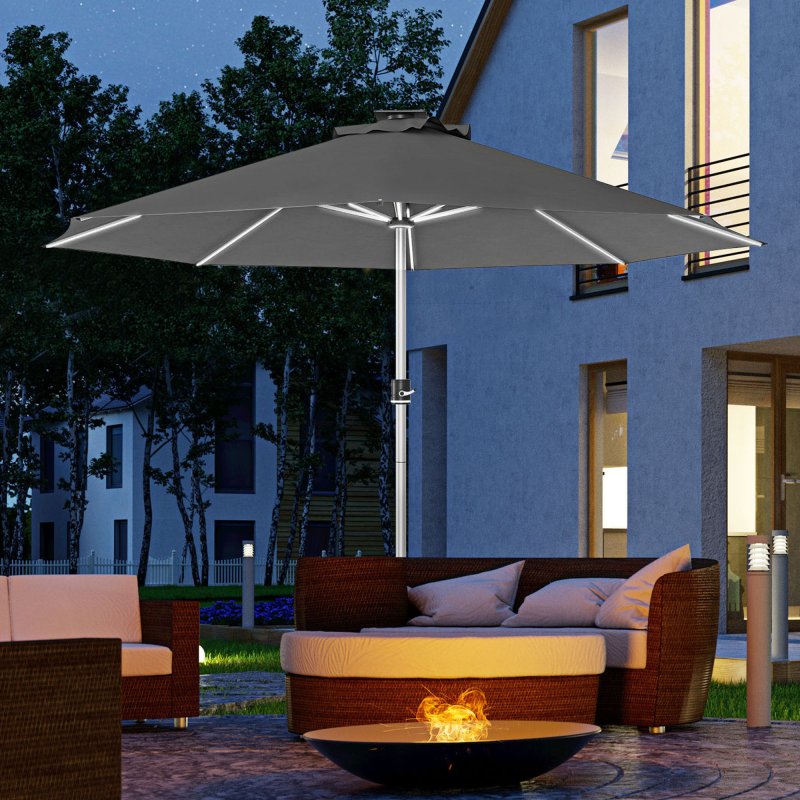 Outsunny 3(m) Solar Powered Garden Parasol with Lights, LED Lighted Deck Umbrella with 48mm Aluminium Pole, Crank, Solar Charged and USB Type-c, for Balcony, Outdoor and Lawn, Charcoal Grey