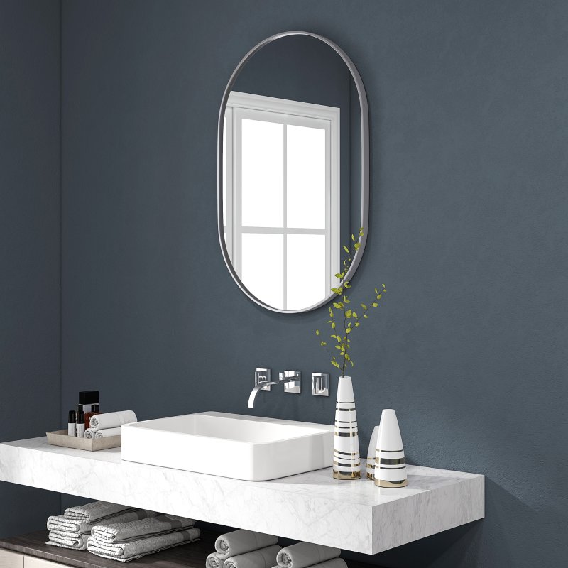 HOMCOM Oval Bathroom Mirror, Modern Wall-mounted Vanity Mirror with Wide Aluminium Frame, Tempered Glass for Living Room, Entryways, Horizontal or Vertical Hanging, 60 x 90cm, Silver