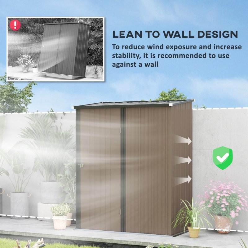 Outsunny 5ft x 3ft Lean to Garden Shed, Metal Outdoor Storage Shed with Single Lockable Door, Tool Storage Shed for Garden, Patio, Brown