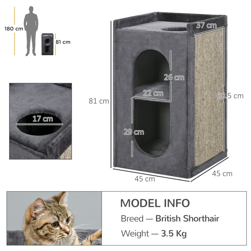 PawHut 2 Layer Cat House, Cat Beds for Indoor Cats with Scratching Pad, 81cmH, Grey