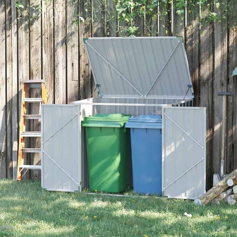 Outsunny 5ft x 3ft 2-Bin Garden Storage Shed, Double Rubbish Metal Storage Shed, Hideaway Dustbin with Locking Doors and Openable Lid, Grey
