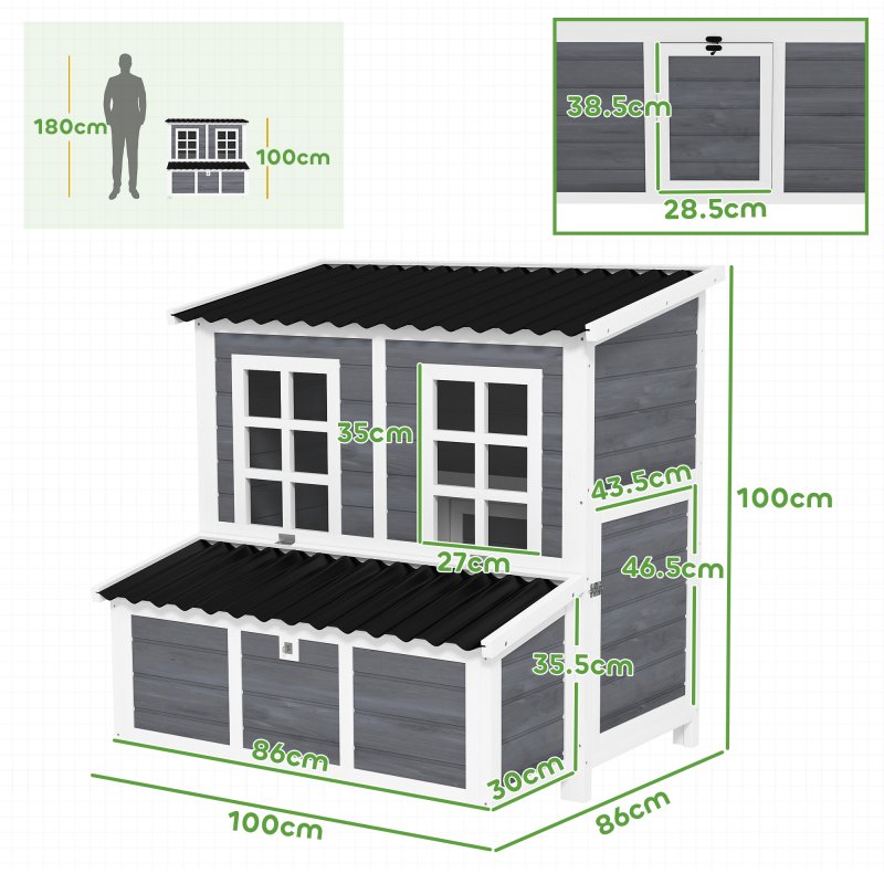 PawHut Wooden Chicken Coop with Nesting Box, Hen House Poultry Cage with Slide-Out Tray, Waterproof Roof, Perches, for 4-6 Chickens, 100 x 86 x 100cm
