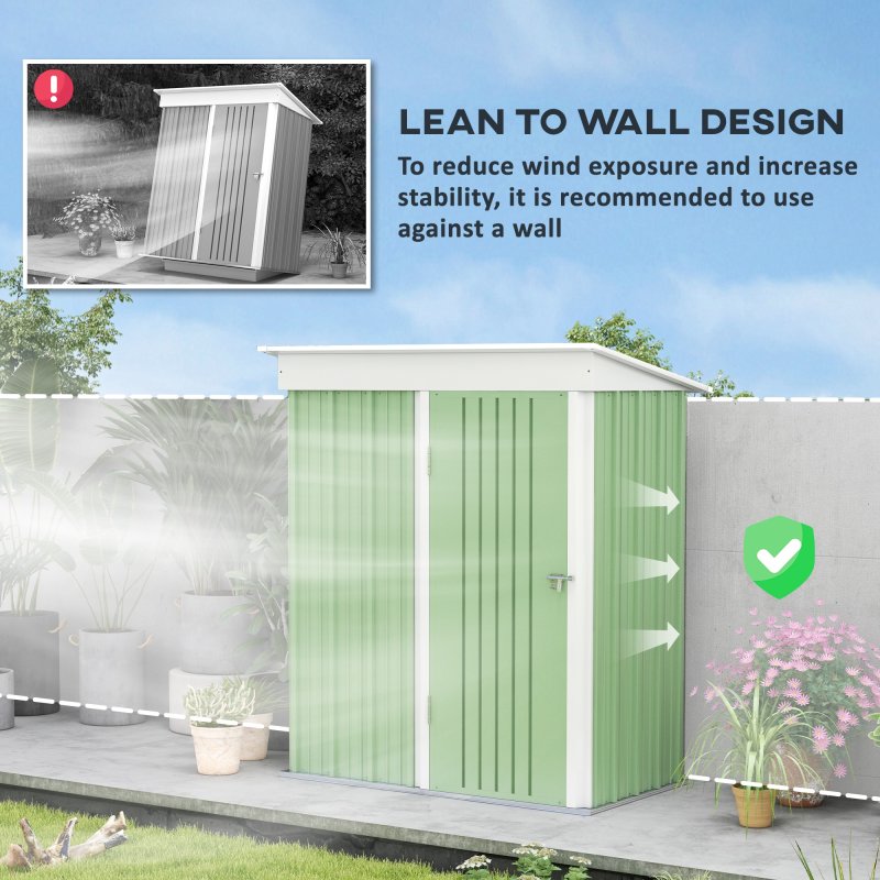 Outsunny 5x3ft Garden Shed, Steel Small Shed, Outdoor Lean-to Shed with Adjustable Shelf, Lock and Gloves for Patio, Garden, Green without Foundation Kit