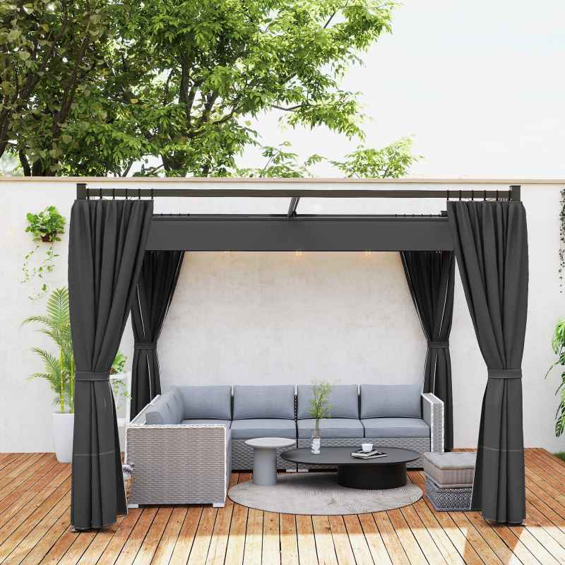 Outsunny 3 x 3(m) Pergola with Retractable Roof Canopy and Curtains, Metal Frame Garden Gazebo Outdoor Sun Shade Shelter for Grill, Patio, Deck, Charcoal Grey