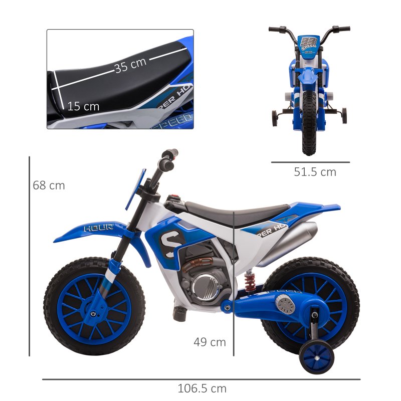 HOMCOM Kids Electric Motorbike, 12V Battery Powered Kids Motorbike for Boys and Girls with Training Wheels, Start-up Button, Pedal, for Ages 3-5 Years - Blue