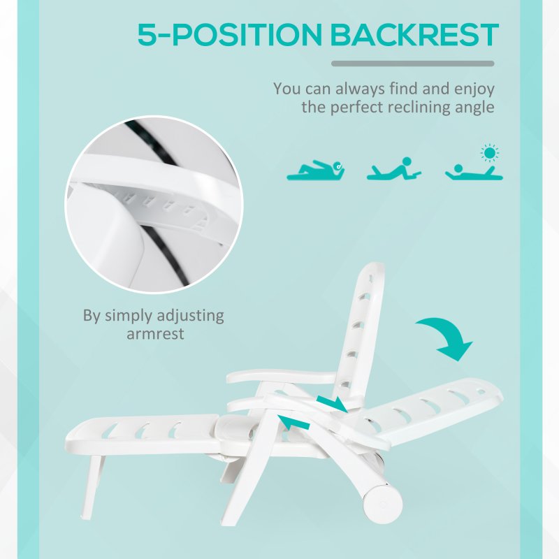 Outsunny Folding Sun Lounger with Wheels, 5-Position Adjustable Outdoor Deck Chair Furniture, Garden Beach Patio Pool Lounger Recliner Seat, White