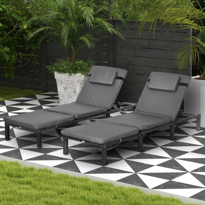 Outsunny Rattan Sun Lounger Set of 2, 5-Level Adjustable Garden Lounger Recliner with Cushion and Headrest, Outdoor Reclining Sunbed, Steel Frame Garden Chair for Patio, Beach, Terrace, Dark Grey