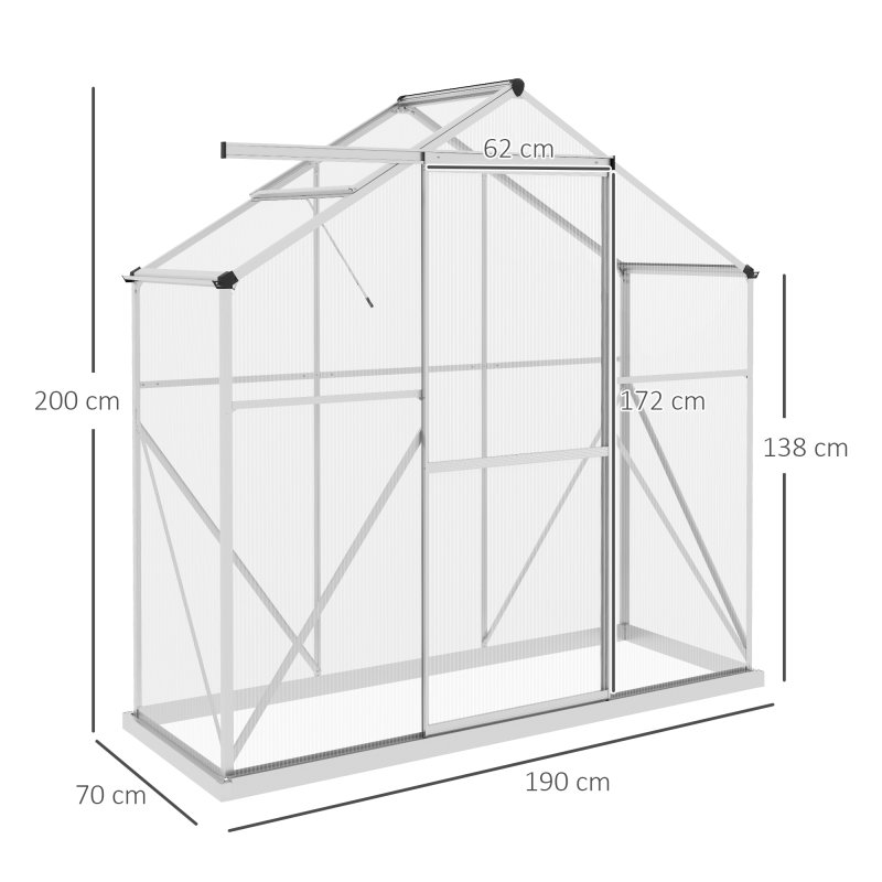 Outsunny 6 x 2.5ft Polycarbonate Greenhouse, Walk-In Green House with Sliding Door, 5-Level Roof Vent, Rain Gutter, Garden Plants Grow House with Aluminium Frame and Foundation, Silver