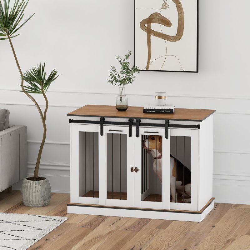 PawHut Dog Crate Furniture for Large Dog, Double Dog Cage for Small Dogs with Divider, Sliding Doors - White