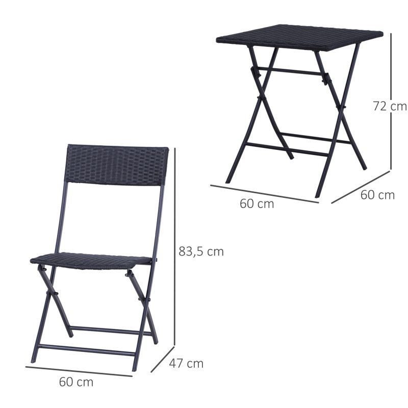 Outsunny 3 Pieces Folding Rattan Bistro Set, Garden Furniture Bistro Set with Folding Garden Table and Chairs, Wicker Balcony Furniture for Outdoor, Patio, Porch, Black