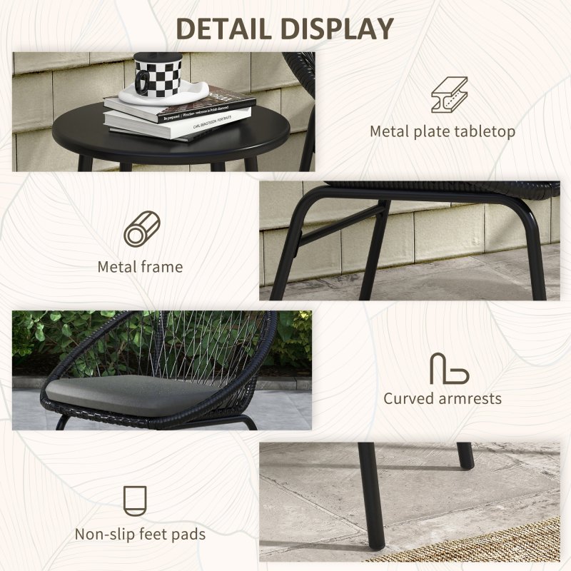 Outsunny 3 Pieces Rattan Bistro Set, Wicker Garden Furniture Set with Round Metal Top Coffee Table and Chairs, Washable Cushions for Outdoor, Patio, Balcony, Black