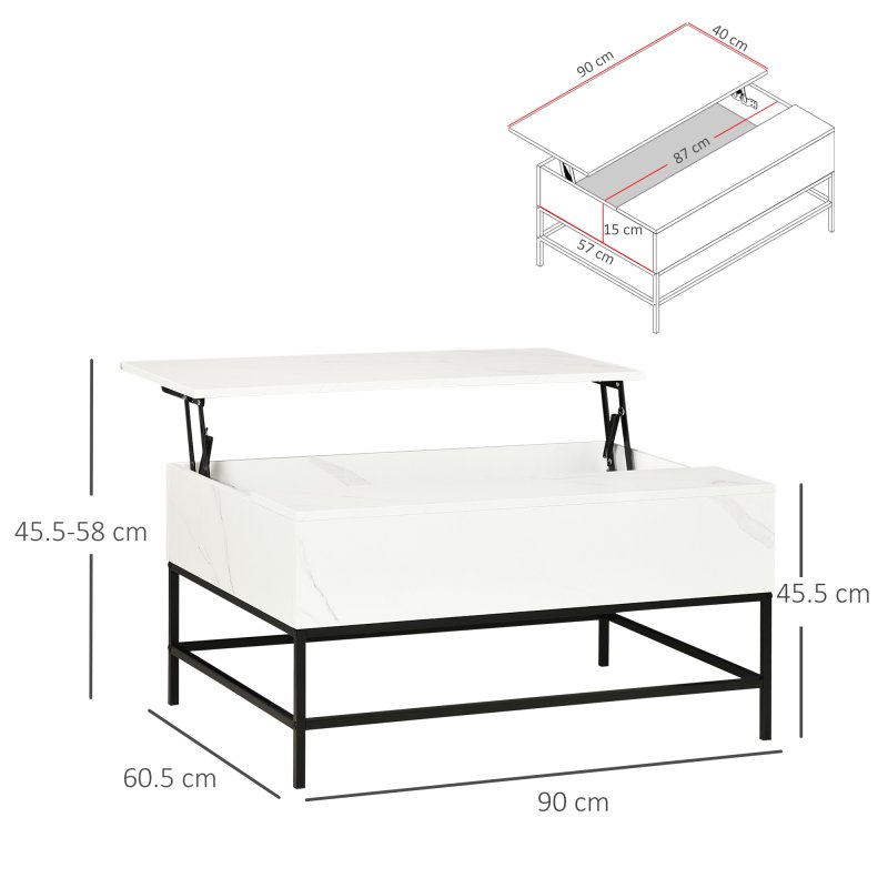 HOMCOM Lift Top Coffee Table, Lifting Coffee Table with Hidden Storage Compartment and Metal Legs, for Living Room, Faux Marble White