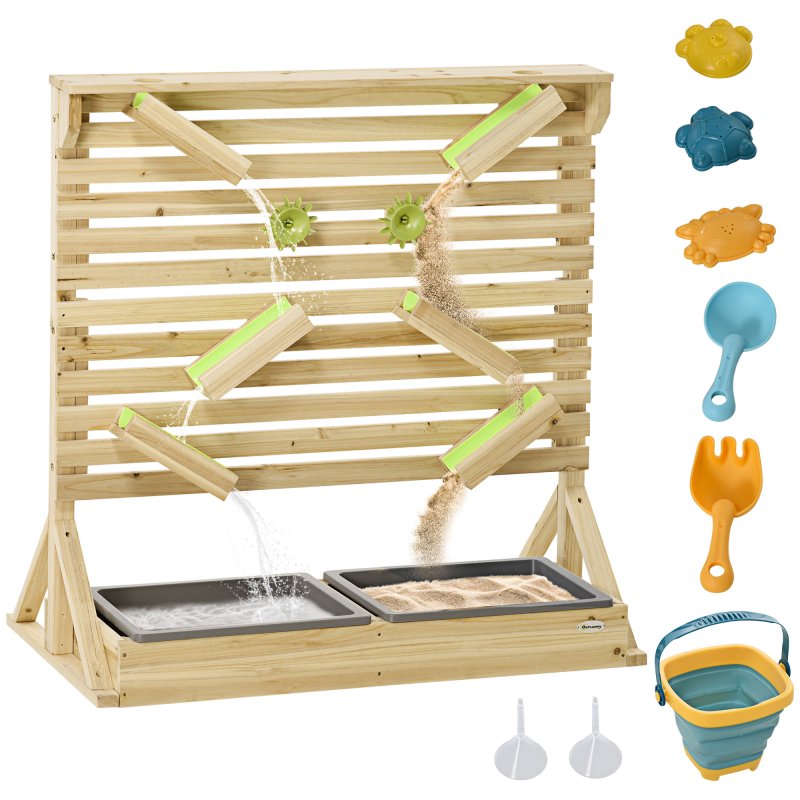 Outsunny water wall for kids outdoor Water and Sand play table with 18 Accessories, Wooden Outdoor Toys for Ages 3-7 Years