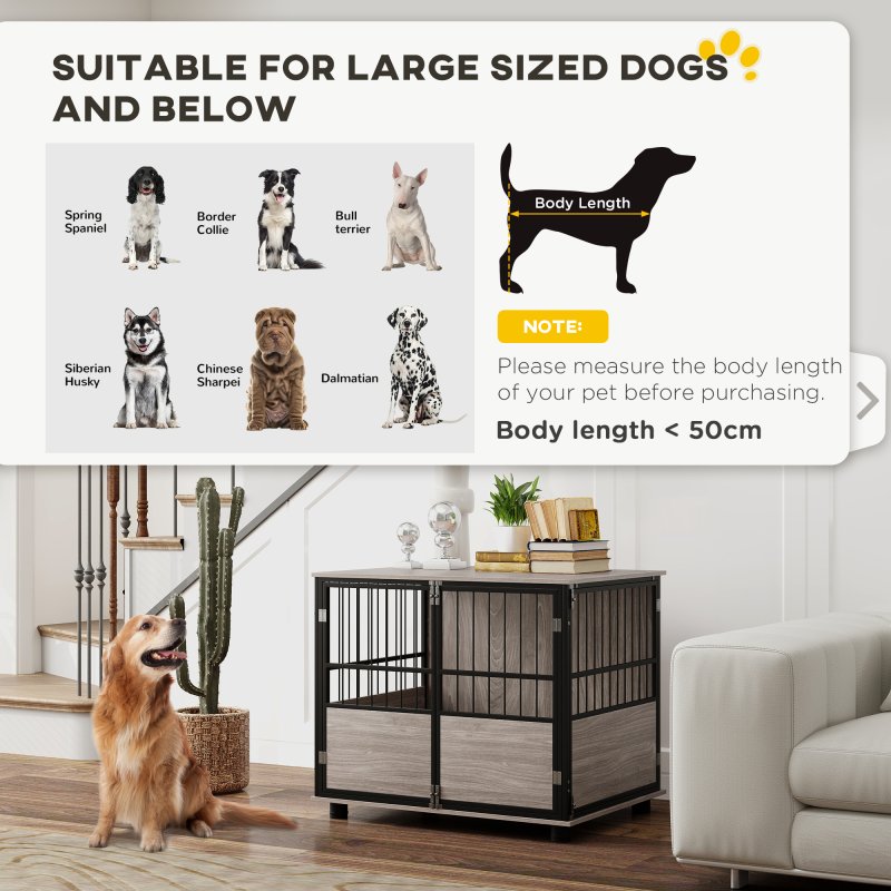PawHut Dog Crate Furniture, Dog Cage End Table Indoor with 3 Doors, Furniture Style Dog Crate with Soft Washable Cushion, for Medium Dogs, 80L x 60W x 68Hcm