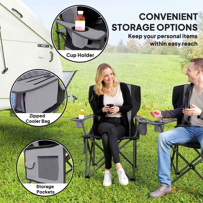 Outsunny Set of 2 Folding Camping Chairs, Padded Camping Chairs with Adjustable Armrests, Portable & Lightweight Folding Camp Chair with Cooler Bag, Cup Holder and Side Pockets, Grey