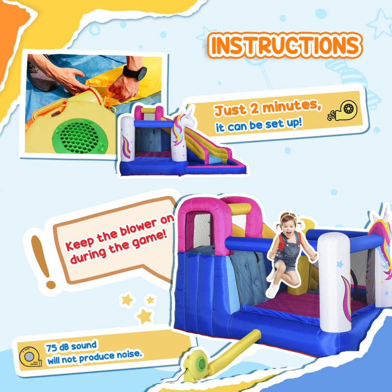 Outsunny Bouncy Castle for Children, 5 in 1 Inflatable Bounce House Unicorn Design with Blower, Slide, Climbing Wall, Basketball Hoop, for Ages 3-8 Years