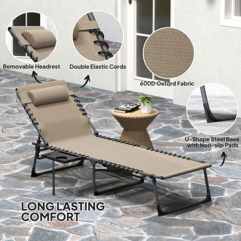 Outsunny Folding Sun Lounger with Side Table, 5-Level Adjustable Reclining Sun Lounger Chair, Portable Garden Recliner Sunbed with Side Pocket, Head Pillow for Patio, Beach, Beige
