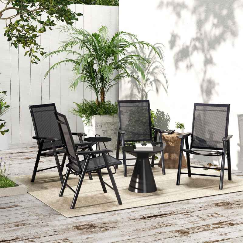 Outsunny Set of 4 Folding Garden Chairs, Metal Frame Garden Chairs Outdoor Patio Park Dining Seat with Breathable Mesh Seat, Black