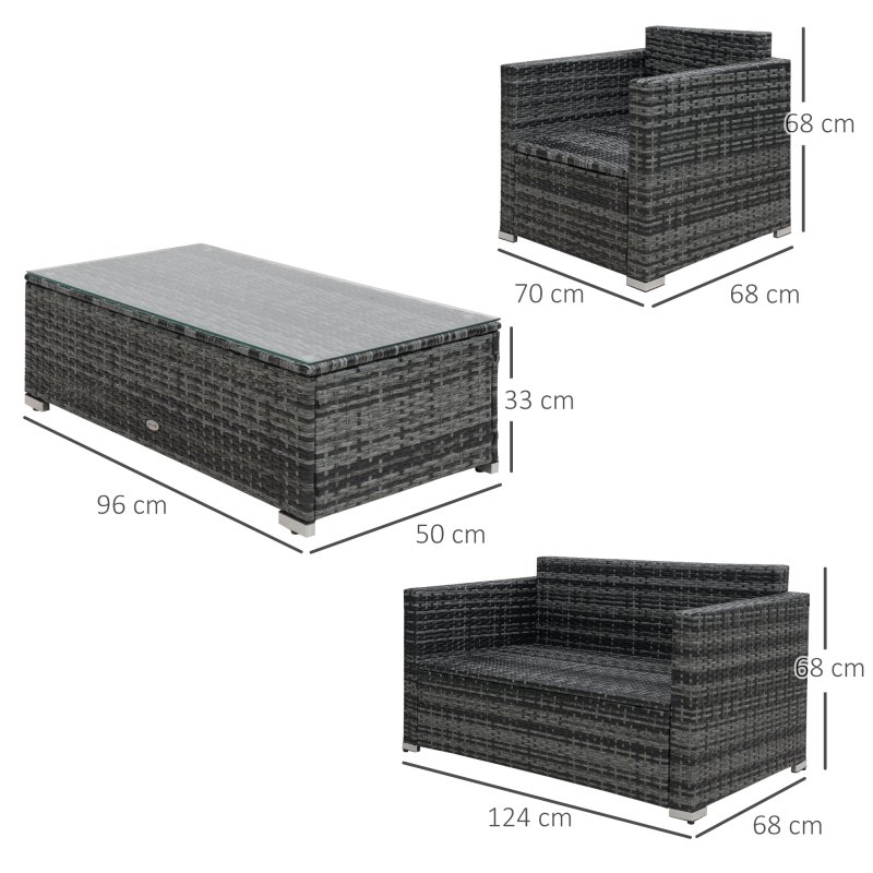 Outsunny 4 Pieces Outdoor PE Rattan Sofa Set with Cushions, Patio Wicker Conversation Furniture Set with Glass Top Coffee Table, Mixed Grey