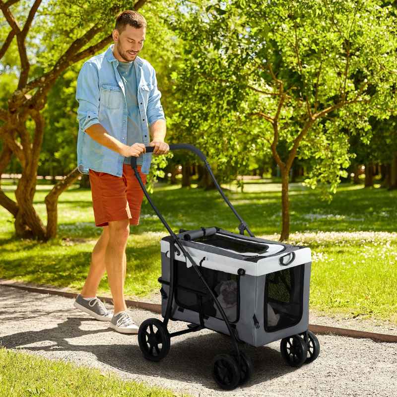 PawHut Dog Pram Dog Stroller Pet Pushchair with Detachable Carrier Soft Padding, Safety Leashes, for Mini and Small Dogs - Grey