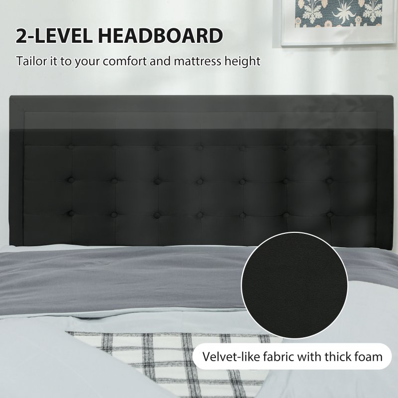 HOMCOM Double Ottoman Bed Frame, 4ft6 Gas Lift Storage Bed with 2-Level Adjustable Velvet Upholstered Headboard, Wheeled Drawer and Wooden Slats, No Mattress, Black