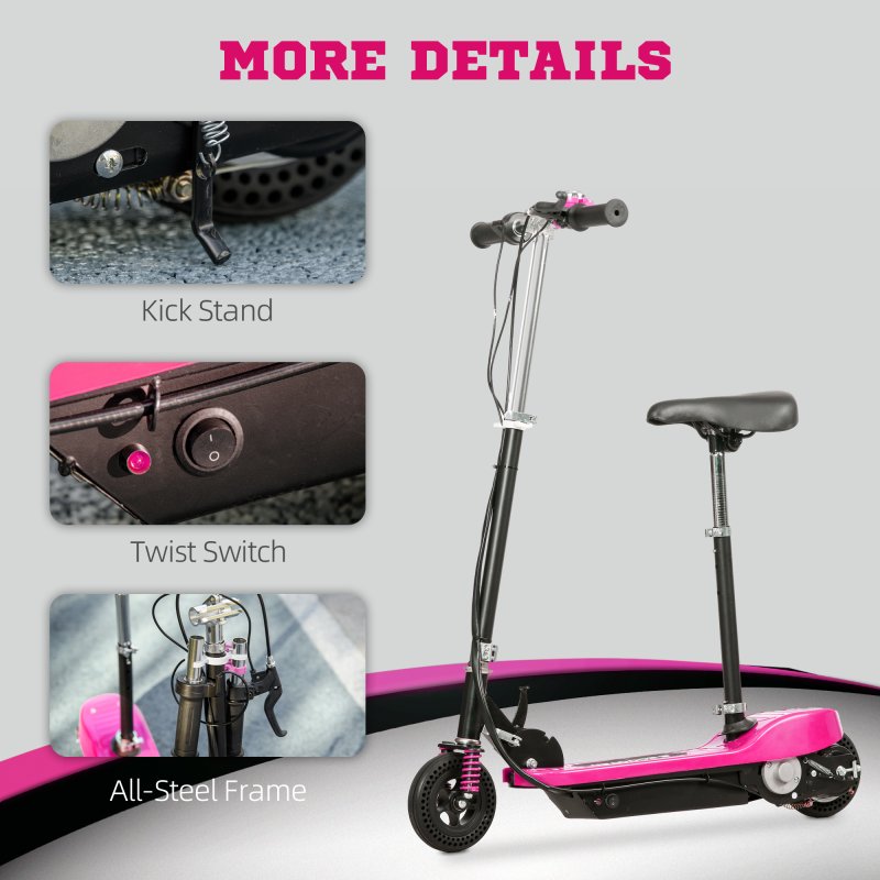 HOMCOM Folding Ride on Powered Scooter, 120W, with Warning Bell, 15km/h Maximum Speed, for Ages 4-14 Years, Pink