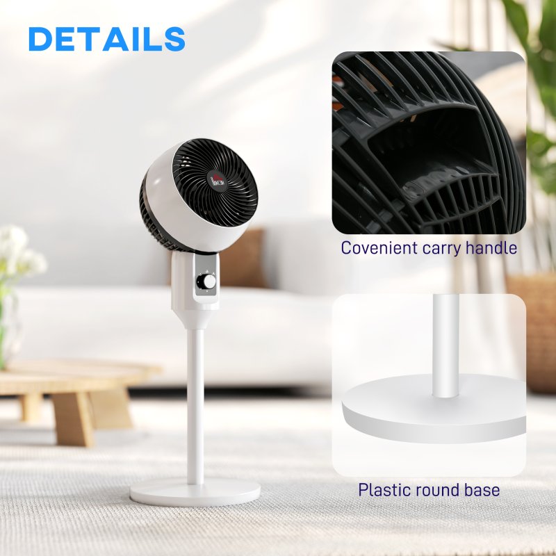 HOMCOM 9'' Air Circulator Fan 3 Speed, 70° Oscillation 90° Vertical Tilt, Carry Handle, Standing Fan, Pedestal Fan for Living Room, Bedroom, Office, White and Black