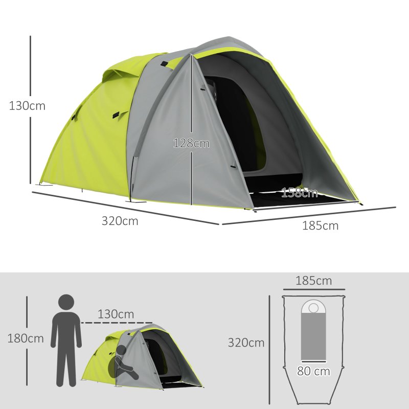 Outsunny 2 Man Camping Tent, Dome Tent with Bedroom and Living Room, 2000mm Waterproof, Portable with Bag, for Fishing Hiking Festival, Yellow