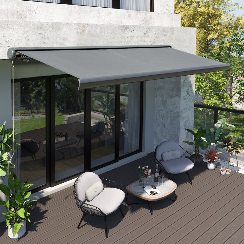 Outsunny 3x2.5m LED Light Full Cassette Case Electric/Manual Awning Door Window Sun Shade Patio Canopy Retractable w/ Remote Grey