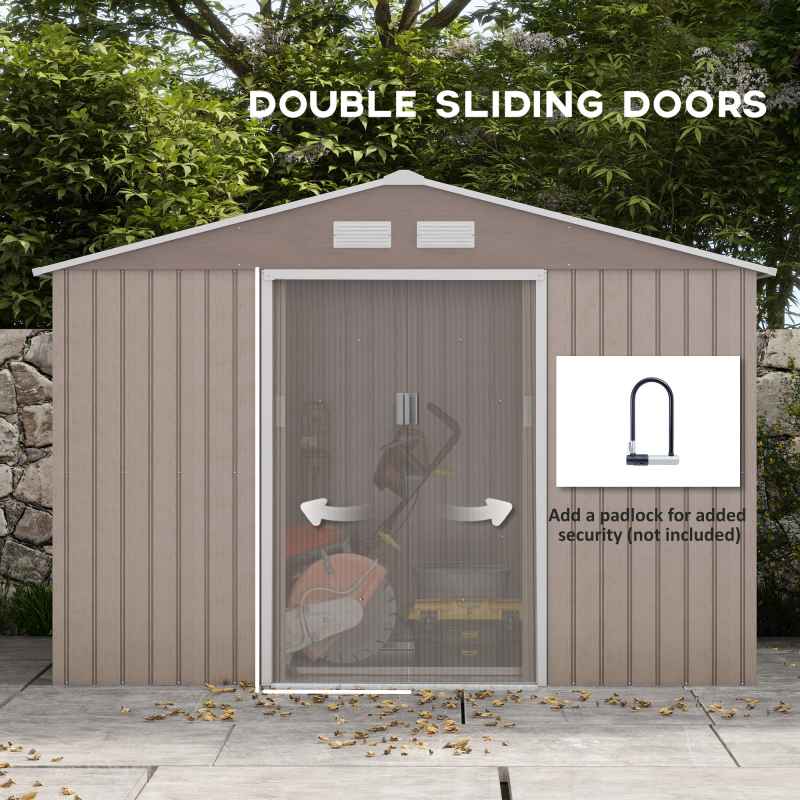 Outsunny 9 x 6ft Metal Garden Shed, Outdoor Storage Tool House with Ventilation Slots, Foundation Kit and Lockable Double Doors, Light Brown